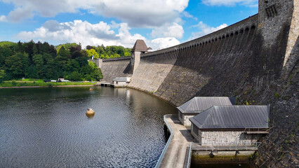 Aerial drone view of a huge stone dam on the lake Monetalsperre - Spermauer, Germany, July 28, 2024.