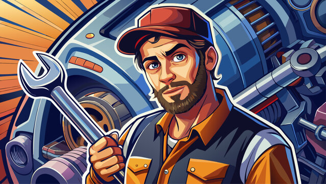 Close-up portrait of male mechanic holding wrench near engine. Isolated background emphasizes strength, craft, and reliability.