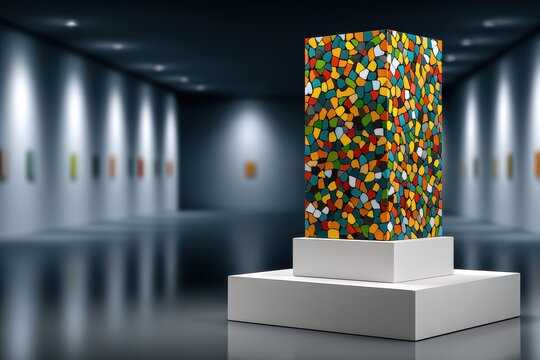 Colorful abstract sculpture stands in a modern gallery space, capturing attention with vibrant geometric patterns and artistic flair