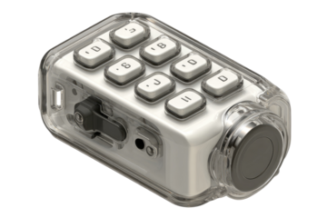 A clear, protective case surrounds a small, rectangular keypad with numbered and letter keys.  A dark gray, circular locking mechanism is visible.  Internal components are partially visible
