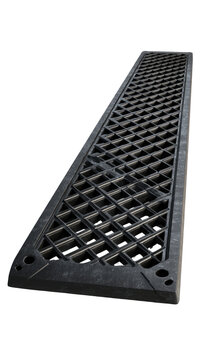 Long, dark gray, rectangular, perforated plate