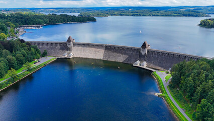 Aerial drone view of a huge stone dam on the lake Monetalsperre - Spermauer, Germany, July 28, 2024.