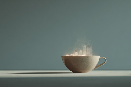 cup of coffee sitting on clean surface reflects holographic cityscape and hologram rating