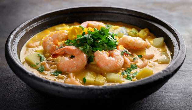 Traditional Peruvian Chupe De Camarones Served In A Rustic Black Stone Bowl Featuring Shrimp Potatoes Cheese And Vegetables In A Rich Creamy And Slightly Spicy Broth Garnished With Fresh Herbs