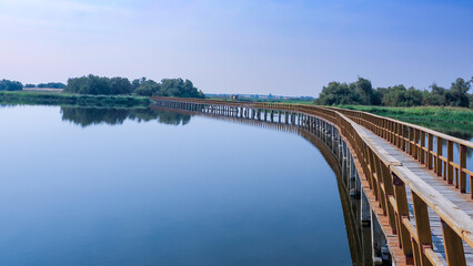 Obraz premium View of the wooden walkways over the water in the Tablas de Daimiel Natural Park (Ciudad Real, Spain)