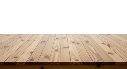 Empty wooden table surface isolated on transparent background, perspective view