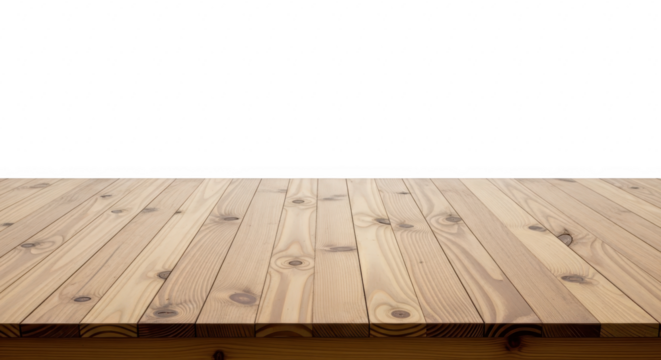 Empty wooden table surface isolated on transparent background, perspective view