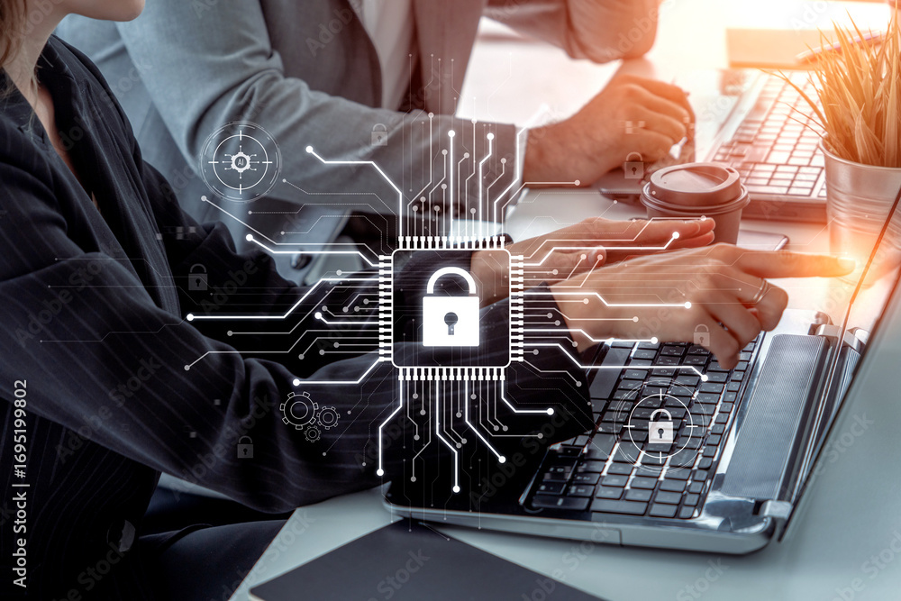 Poster cyber security system protecting digital infrastructure. cyber security ensures data safety, prevent