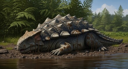 Ancient armored dinosaur resting peacefully near a serene jungle river surrounded by lush ferns and foliage