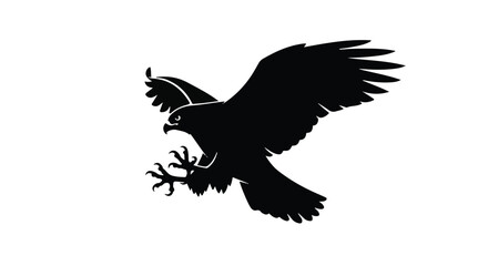 Majestic black eagle silhouette soaring with wings spread wide against a white background