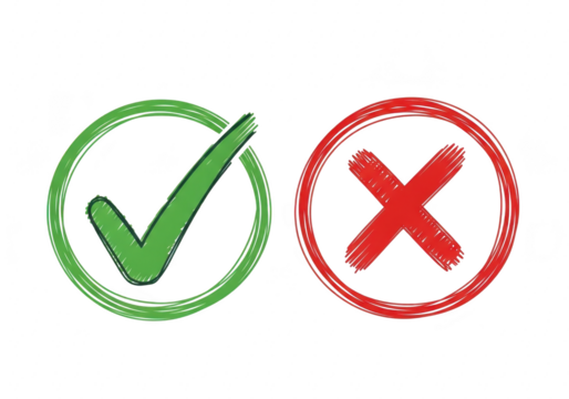 Green check mark in a circle and red cross mark in a circle, isolated on transparent background