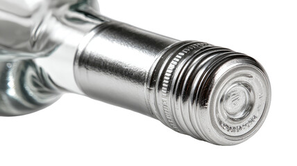 Silver wine bottle cap close-up, studio shot, white background, packaging detail