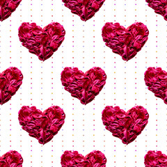 Beautiful seamless pattern of red peony petal hearts on a clean white background. Perfect for Valentine's Day, romantic textiles, gift wrapping, wedding decor and creative design projects.