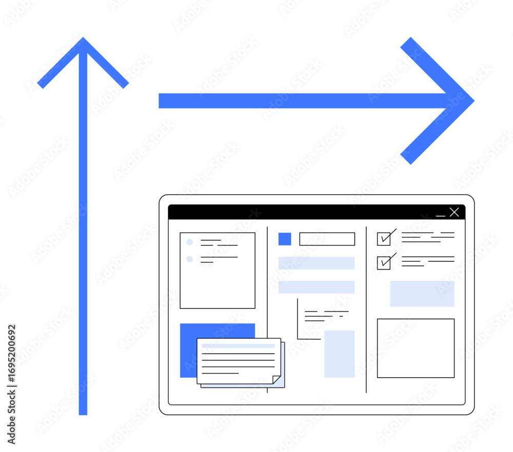 Aufkleber arrows signify upward and forward navigation near a web interface with forms, checkboxes, and text i