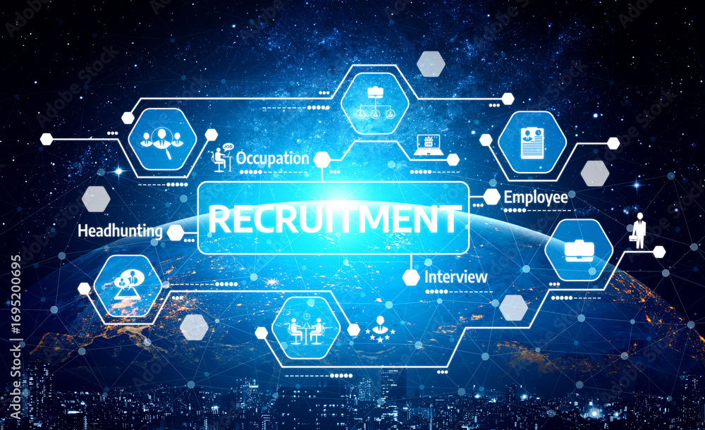 Poster a dynamic visual representation of recruitment processes with digital elements. it highlights headhu
