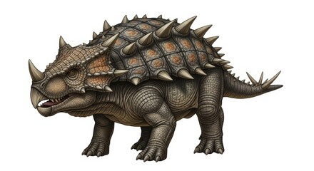 Fototapeta premium Fierce armored dinosaur with sharp horns and spikes, prehistoric creature, ancient wildlife