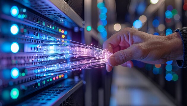 Close-Up of Skilled Hands Aligning Glowing Optical Fibers in Fusion Splicer &ndash; High-Tech Editorial Stock Photo for Telecom, Data, and Network Infrastructure