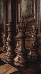 Ornate wooden chess pieces, rich in detail and deep, warm tones, displayed on a  board, evoke a sense of history and craftsmanship.
