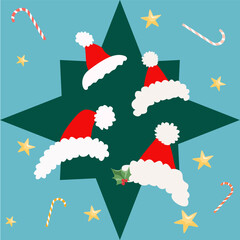 Seamless vector pattern with green Christmas star and Santa hats on blue background with candy canes and stars, perfect for holiday decor, gift wrap, textiles and seasonal holiday designs.