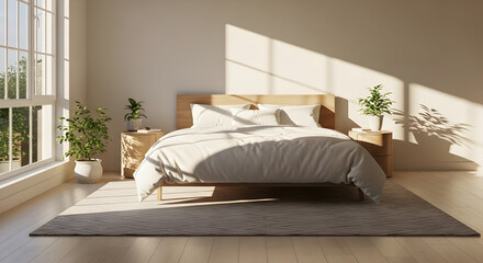 Serene Bedroom Interior Bathed In Natural Sunlight With Plants And Minimalist Wooden Furniture