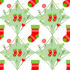 Vector seamless festive Christmas 2026 pattern featuring green poinsettia flowers, red Santa socks, holiday candy canes, sweet lollipops, and decorative branches on a cheerful seasonal background.