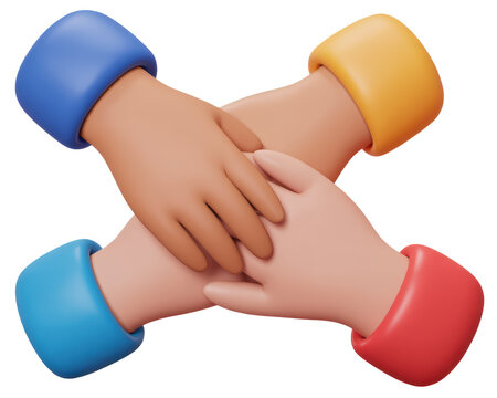 3d icon of four hands clasped together in a cross shape, representing unity and collaboration, isolated on transparent background