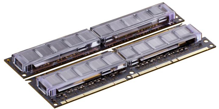 Two computer memory modules, angled view