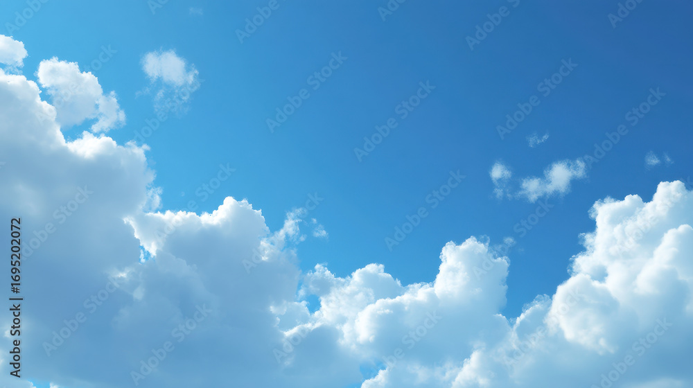Poster bright blue sky with fluffy white clouds creating serene atmosphere, perfect for relaxation and dayd