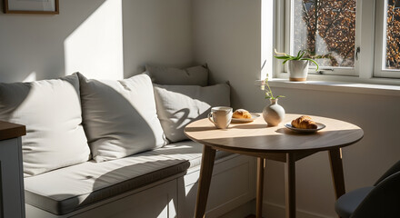 Serene Morning Scene: Sunlight, Fresh Breakfast, And Cozy Interior Charm