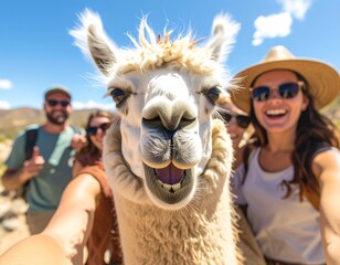 Tourists taking selfies with a llama in a desert