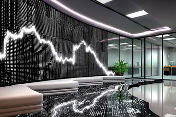 Modern office interior with digital data stream wall art and reflective floor