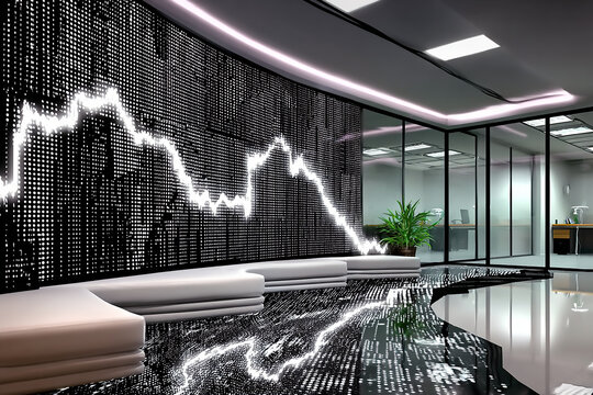 Modern office interior with digital data stream wall art and reflective floor