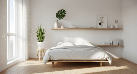 Serene Bedroom Interior With Sunlight, Plants, And Modern Decor Design Concept