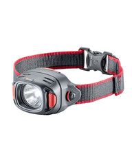 Gray headlamp with red accents, close-up studio shot, dark background, outdoor use