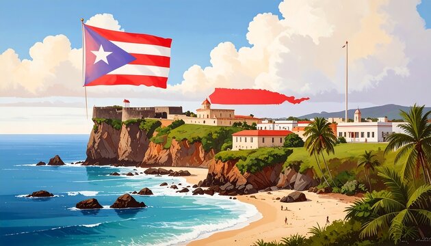 Coastal landscape with flags and buildings