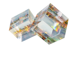 Two translucent cubes, each containing a city skyline image, overlap.  Light refracts through the glass, creating a rainbow effect