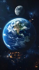 Naklejka premium A captivating view of Earth and the moon in the vastness of space, showcasing the planet's vibrant blue oceans and continents, contrasted against the dark expanse of the cosmos.