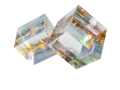 Two translucent cubes, each containing a city skyline image, overlap.  Light refracts through the glass, creating a rainbow effect
