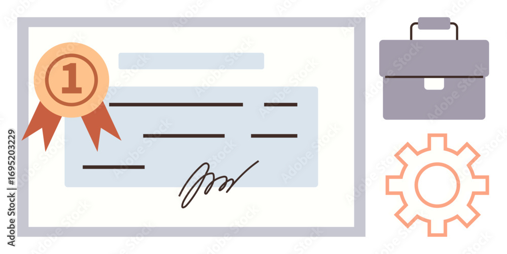 Aufkleber certificate with signature and ribbon conveys recognition. gear and briefcase symbolize productivity