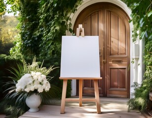 a blank wedding welcome sign mockup on a wooden easel positioned beside an antique white wooden door at the entrance to an outdoor ceremony the sign is framed by cascading greenery and muted beige