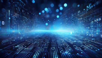 digital abstract of glowing blue binary numbers and circuits with bokeh