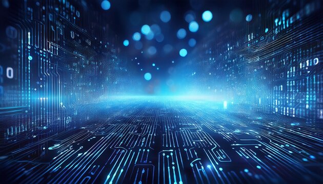 digital abstract of glowing blue binary numbers and circuits with bokeh