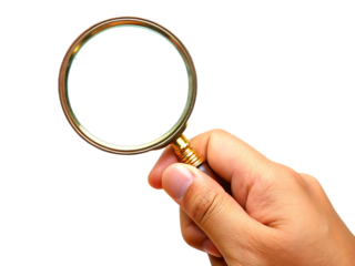 Hand holding magnifying glass on white background isolated on a transparent background