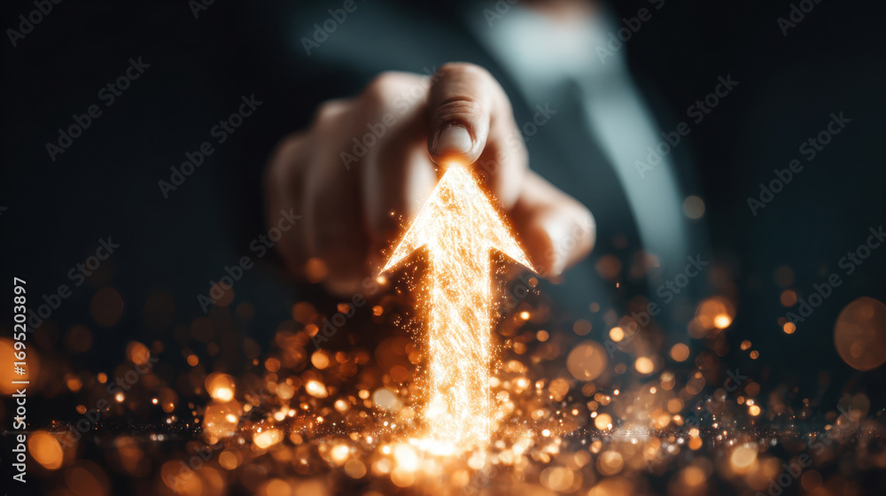 Aufkleber hand points upward, creating glowing arrow made of sparkling particles, symbolizing growth and progr