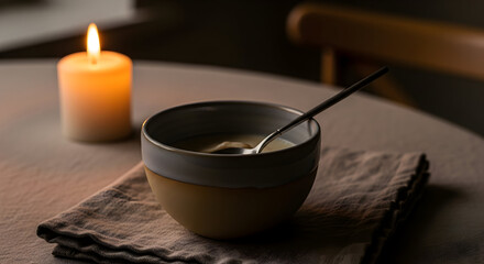 Serene Still-Life Featuring A Candle, Bowl, And A Linen Napkin On The Table