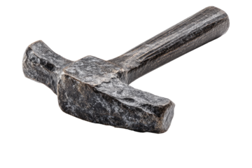 Close-up of a weathered, dark gray hammer head and handle