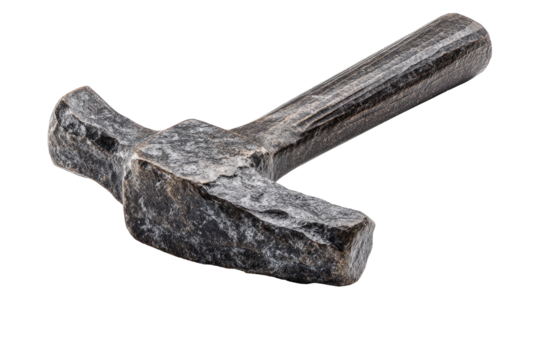 Close-up of a weathered, dark gray hammer head and handle