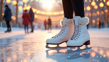 Fototapeta premium Stylish white ice skates with faux-fur trim poised on glittering ice of festive outdoor rink, evoking winter romance and holiday joy for seasonal marketing and illustration purposes.