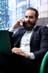 Businessman engages in a critical conversation with a financial broker, discussing market forecasts...