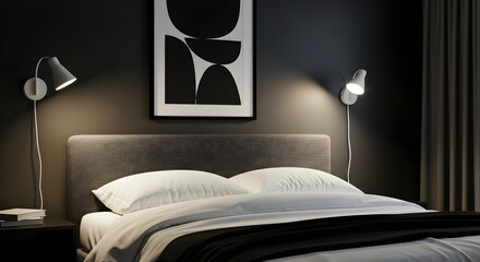 Serene Bedroom with Modern Lighting and Abstract Art: A Peaceful Ambiance Scene